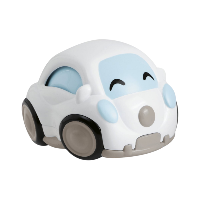 Carro de brinquedo branco e azul com olhos desenhados no para-brisa.