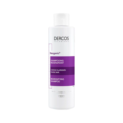 Frasco de champô Dercos Neogenic redensificante com rótulo roxo e branco