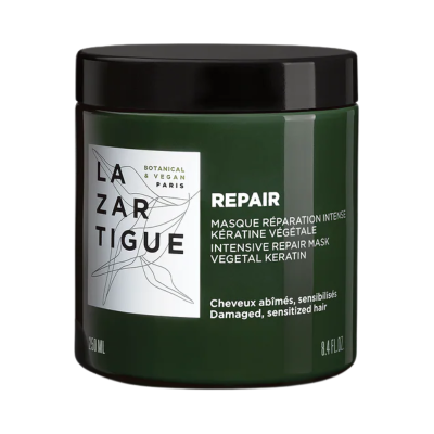 Máscara de reparação capilar Lazartigue verde escuro com tampa preta e etiqueta branca