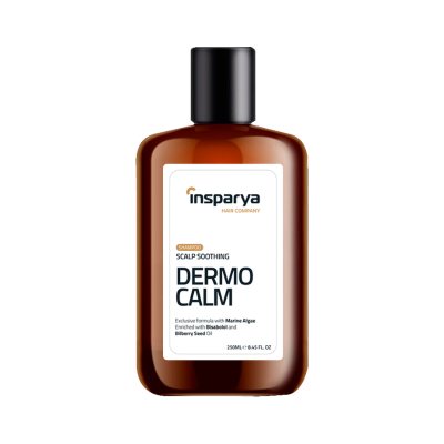Frasco castanho de shampoo Insparya Dermo Calm 250ML com tampa preta
