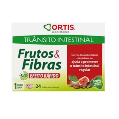 Embalagem de suplemento ORTIS Frutos & Fibras para trânsito intestinal em verde, branco e vermelho com texto e imagens de figos.