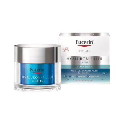 Creme Eucerin Hyaluron-Filler em frasco azul com tampa prata ao lado da caixa branca com texto