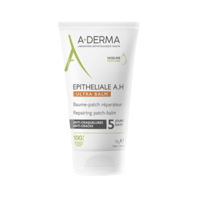 Bisnaga branca de creme A-DERMA EPITHELIALE A.H ULTRA BALM com texto em francês e inglês