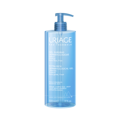 Frasco azul com gel dermatológico URIAGE e doseador azul