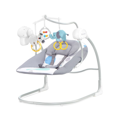 Cadeirão de bebé cinzento com brinquedos pendurados