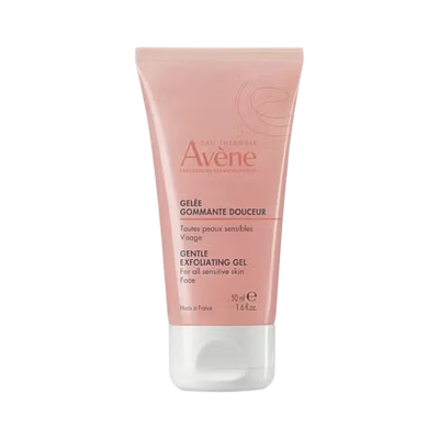 Frasco rosa de gel esfoliante suave Avène para rosto com tampa branca