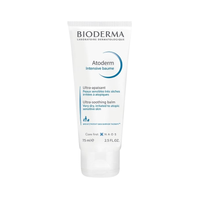 Tubo branco de plástico do bálsamo Atoderm Intensive baume da Bioderma com texto em francês e inglês