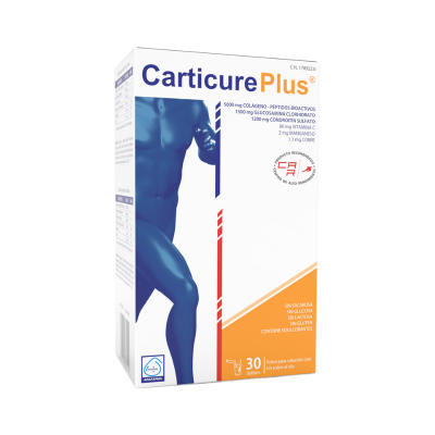 Caixa do suplemento Carticure Plus com corpo masculino azul e informações dos ingredientes