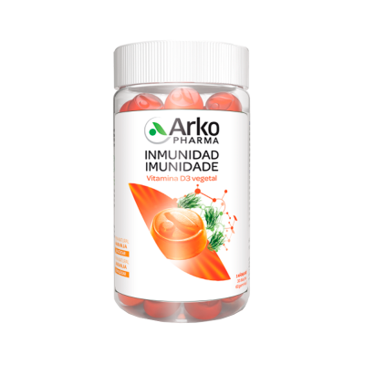 Frasco de vitamina D3 vegetal Arko Pharma com cápsulas laranja