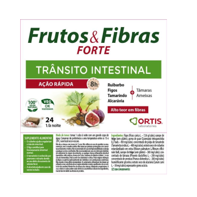 Rótulo suplemento Frutos & Fibras FORTE trânsito intestinal ingredientes e instruções