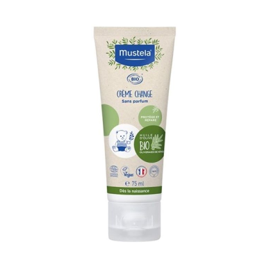 Creme para mudança Mustela em bisnaga branca 75 ml com texto azul e verde