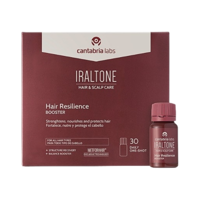 Caixa e frasco do produto IRALTONE Hair Resilience Booster para cuidado do cabelo