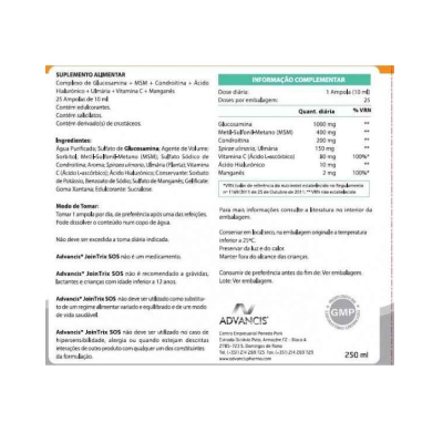 Rótulo de suplemento alimentar Advancis JoinTrix SOS com informação detalhada em português