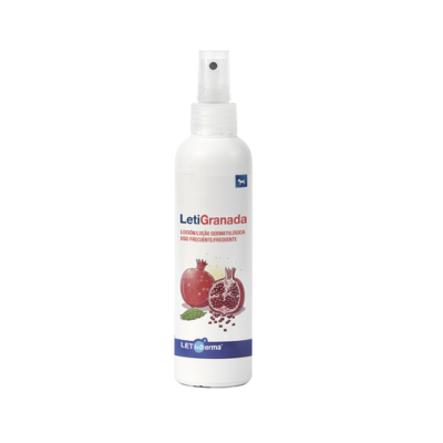 Frasco branco de spray com rótulo da loção LetiGranada e ilustração de romãs.