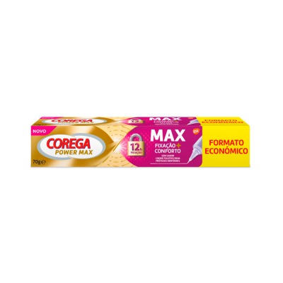 Embalagem de creme Corega Power Max para próteses dentárias, amarelo e rosa
