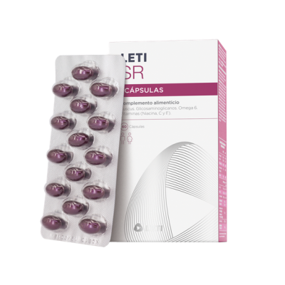 Suplemento alimentar LETI SR em cápsulas marrons em blister e embalagem branca e rosa com design cinza
