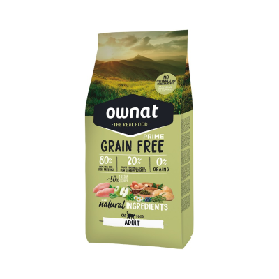 Saco de ração Ownat Prime Grain Free para gatos adultos, embalagem verde com texto e imagens naturais.