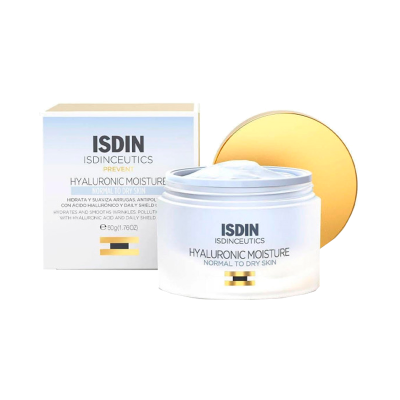 Creme hidratante ISDIN Hyaluronic Moisture pele normal a seca com embalagem branco e tampa dourada