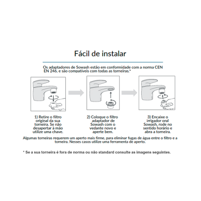 Instruções de fácil instalação para adaptador de torneira e irrigador Sowash com desenhos passo a passo