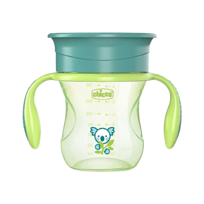 Copo de bebé Chicco verde e azul com alças e desenho de coalho
