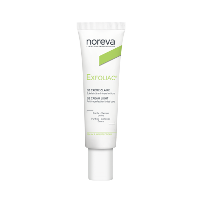 Tubo branco de creme Noreva Exfoliac BB Cream Light com texto em francês e inglês