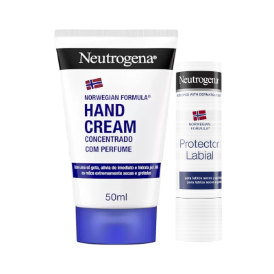 Creme de mãos Neutrogena e protetor labial Norwegian Formula em embalagens brancas com detalhes azuis