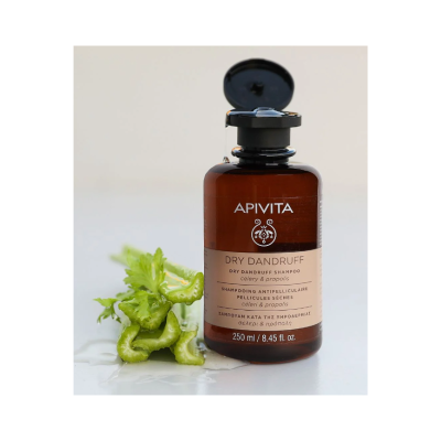 Frasco castanho de champô APIVITA Dry Dandruff com talos de aipo