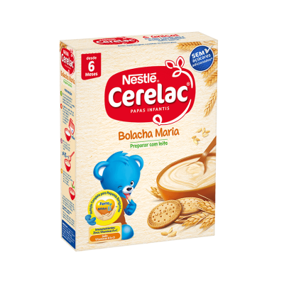 Pacote de papa infantil Nestlé Cerelac Bolacha Maria com imagem de papa, bolachas e urso azul