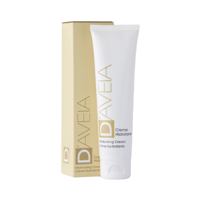 Creme hidratante DAVEIA com tubo branco e caixa amarela
