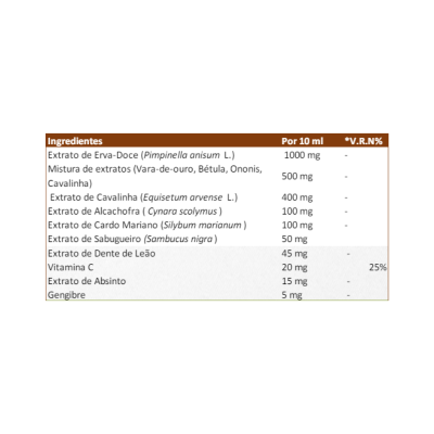 Tabela de ingredientes de suplemento natural com extratos de plantas e vitamina C