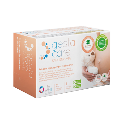 caixa de suplemento alimentar Gesta Care Saquetas Veg com imagem de bebê e texto em português