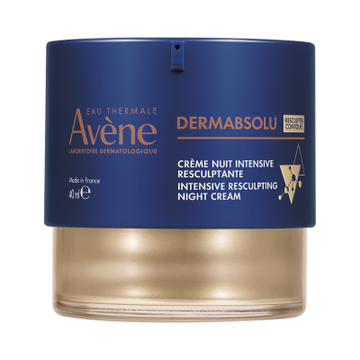 Frasco azul e dourado com creme noturno Avène Dermabsolu