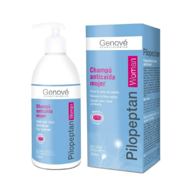 Champô antiqueda para mulher Genové com frasco branco e caixa azul