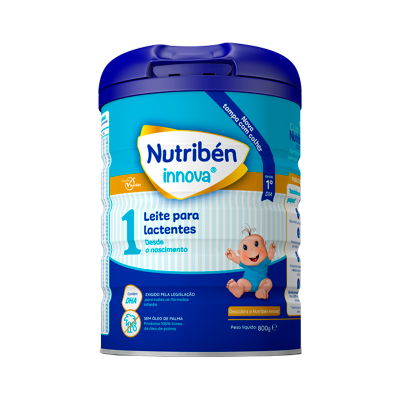 Lata de leite para lactentes Nutriben Innova número 1 azul e branca com tampa azul e imagem de bebé