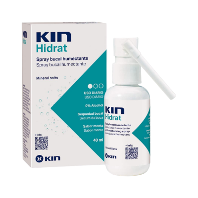 Spray bucal umectante KIN Hidrat em embalagem branca e verde com texto e código QR.