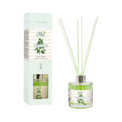 Difusor de fragrância com líquido verde e paus difusores ao lado da embalagem da marca Natur Botanic by Prady