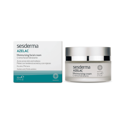 Creme facial hidratante Sesderma Azelac com caixa e frasco branco e azul