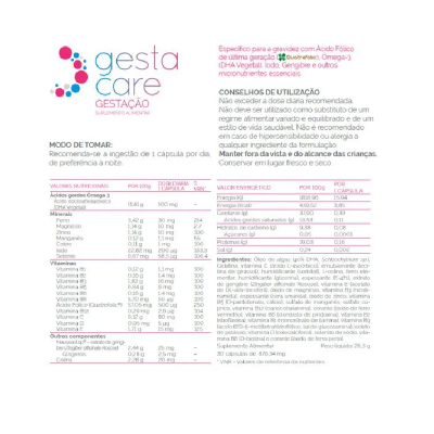 Embalagem suplemento Gesta Care gestação com informações nutricionais e instruções