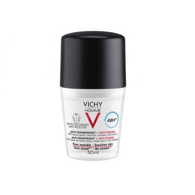 Desodorizante roll-on Vichy Homme 48H com embalagem branca e tampa preta