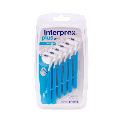 Pack de 6 escovas interdentais azuis na embalagem transparente com texto interprox plus 90° conical e DENTAID