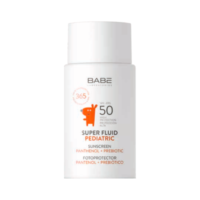 Frasco branco de protector solar pediátrico BABE com desenho de animal laranja