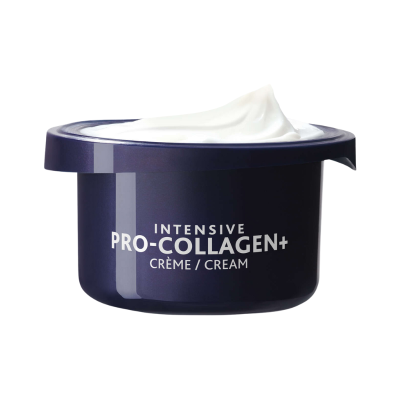 Frasco azul escuro de creme Intenisve Pro-Collagen aberto com creme branco visível