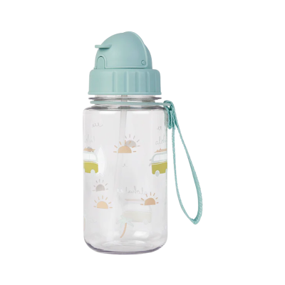 Garrafa de água transparente com tampa azul clara e desenhos coloridos