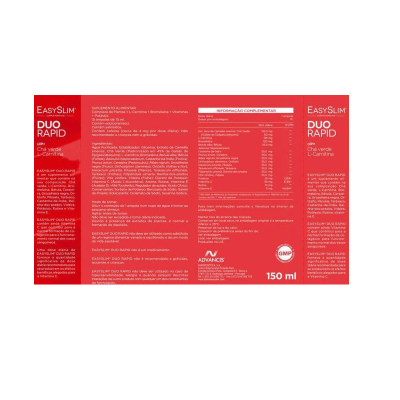 Rótulo vermelho do suplemento EASYSLIM DUO RAPID com detalhes dos ingredientes e instruções