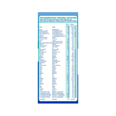 Etiqueta nutricional bilingue com valores detalhados de composição do produto