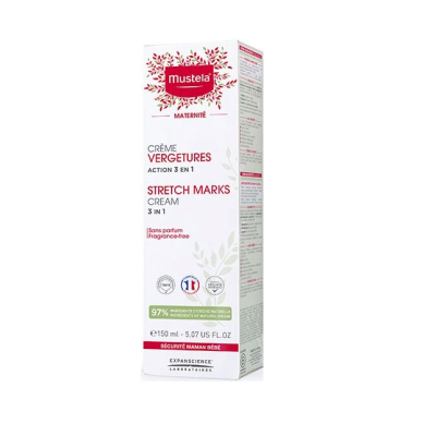 Embalagem branca do creme Mustela Maternité para estrias 150 ml