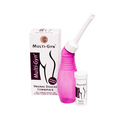Conjunto Multi-Gyn Vaginal Douche Compipack com frasco rosa e aplicador branco