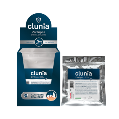 Embalagem de Clunia Zn Wipes para cuidado oral com mostrador azul e sacos prateados