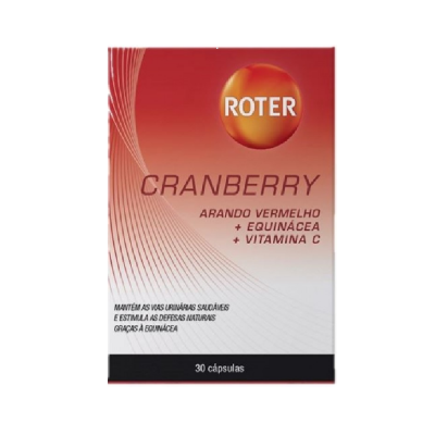 Embalagem do suplemento Roter Cranberry com 30 cápsulas e texto em português