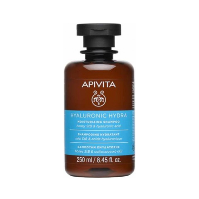 Frasco de plástico castanho com tampa preta e rótulo azul de shampoo hidratante Apivita